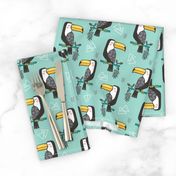 Toucan Bird Tropical Geometric Triangles on Mint Green