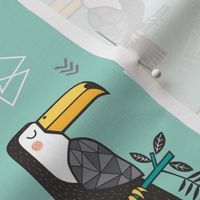 Toucan Bird Tropical Geometric Triangles on Mint Green