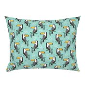 Toucan Bird Tropical Geometric Triangles on Mint Green