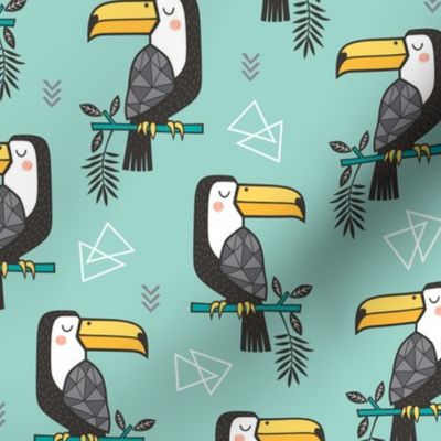 Toucan Bird Tropical Geometric Triangles on Mint Green