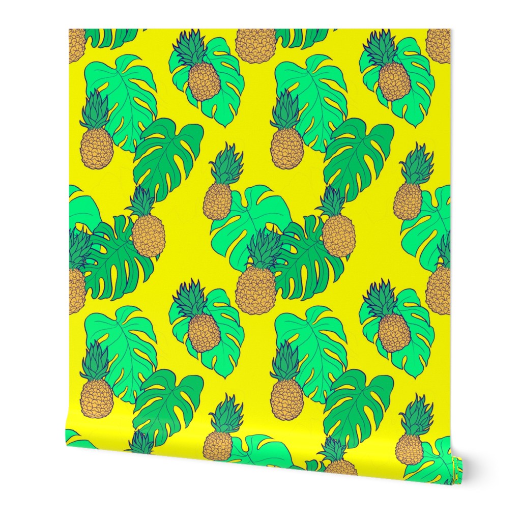 Pineapple and Monstera Leaves on Yellow Hawaiian Shirt Print