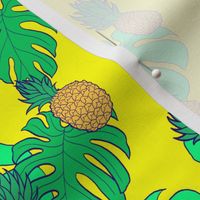 Pineapple and Monstera Leaves on Yellow Hawaiian Shirt Print