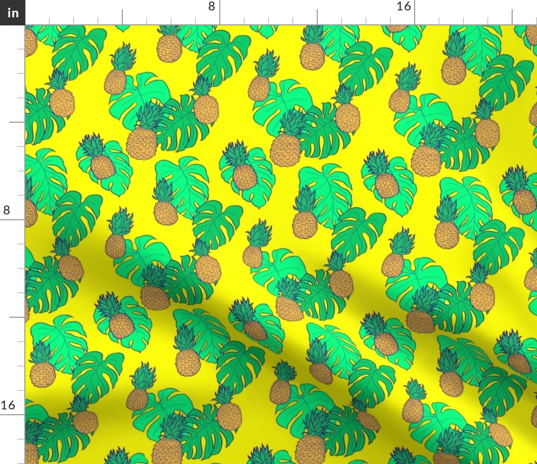 Pineapple and Monstera Leaves on Yellow Hawaiian Shirt Print