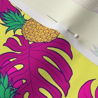 Pineapples and Pink Monstera on Yellow Hawaiian Shirt Print