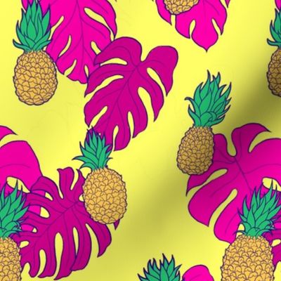 Pineapples and Pink Monstera on Yellow Hawaiian Shirt Print