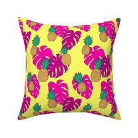 Pineapples and Pink Monstera on Yellow Hawaiian Shirt Print