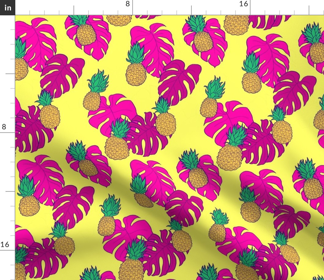 Pineapples and Pink Monstera on Yellow Hawaiian Shirt Print