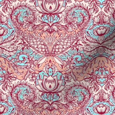 Detailed Decorative Art Nouveau Doodle in peach, aqua, red