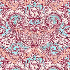 Detailed Decorative Art Nouveau Doodle in peach, aqua, red