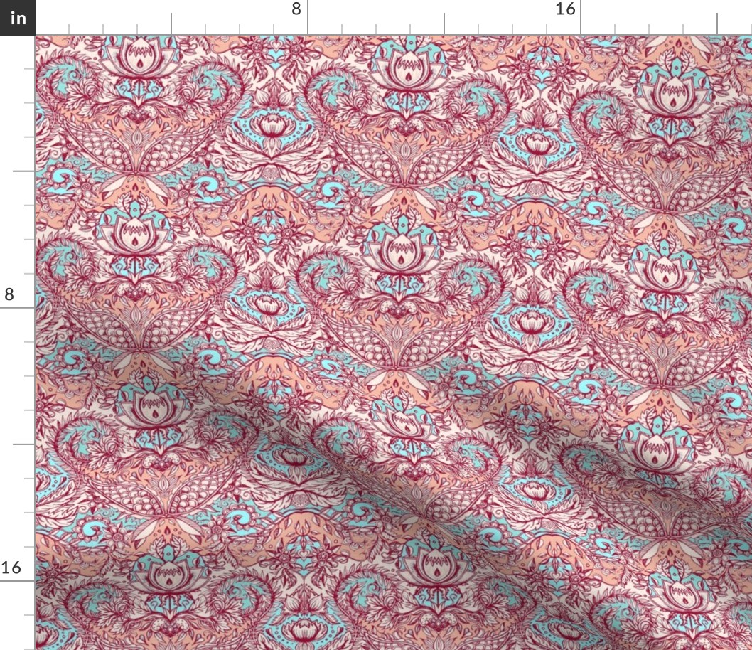 Detailed Decorative Art Nouveau Doodle in peach, aqua, red