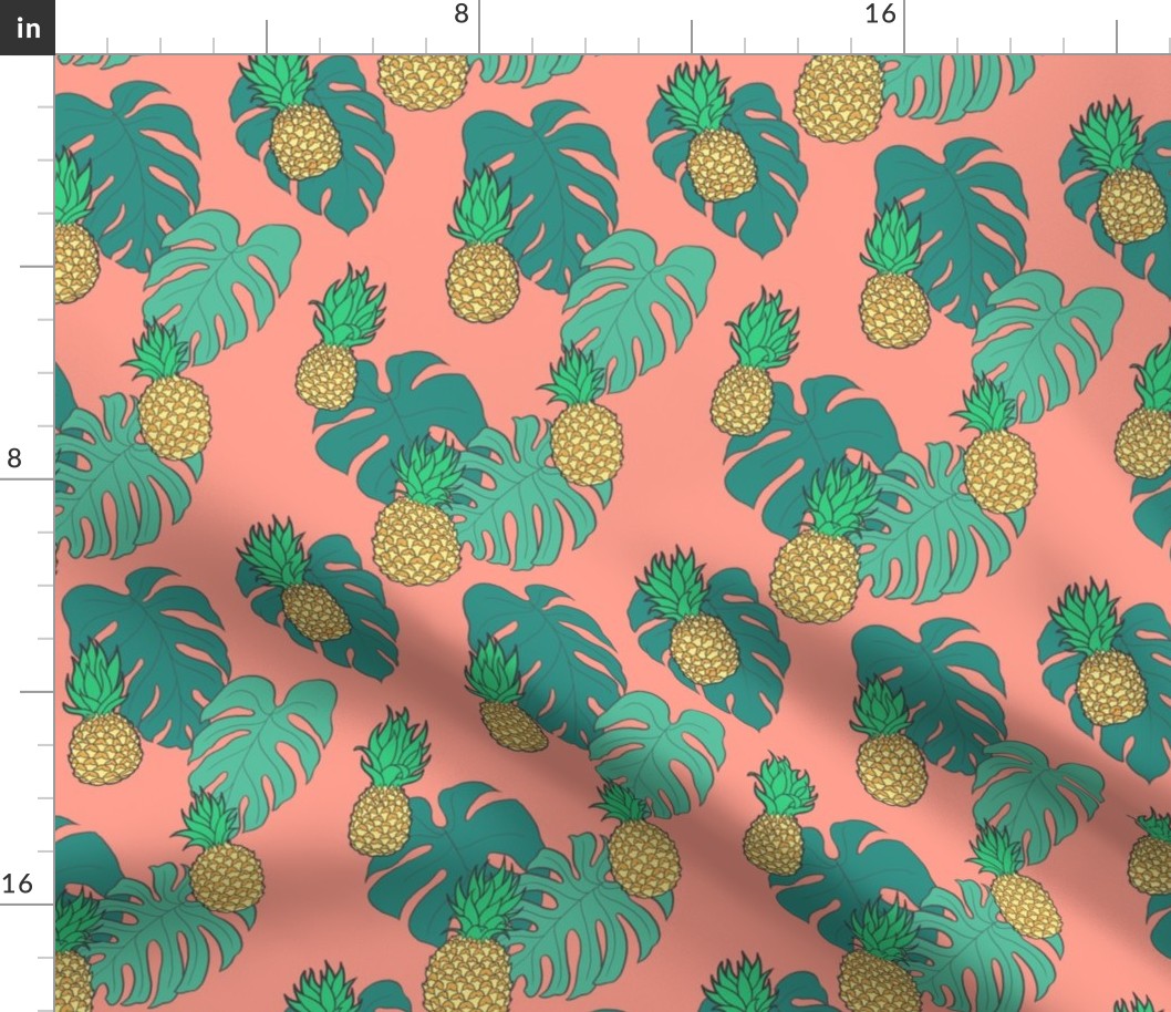 Pineapples and Monstera Leaves on Coral