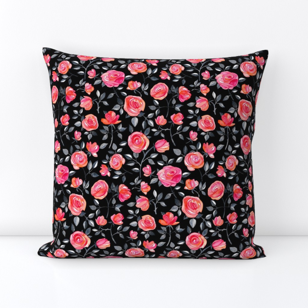 Roses on Black - a watercolor floral pattern - small