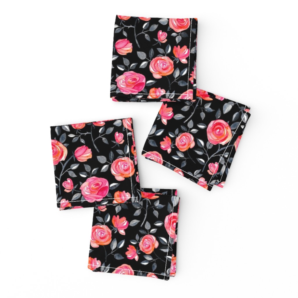 Roses on Black - a watercolor floral pattern - small