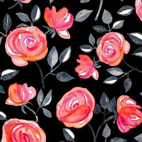 Roses on Black - a watercolor floral pattern - large