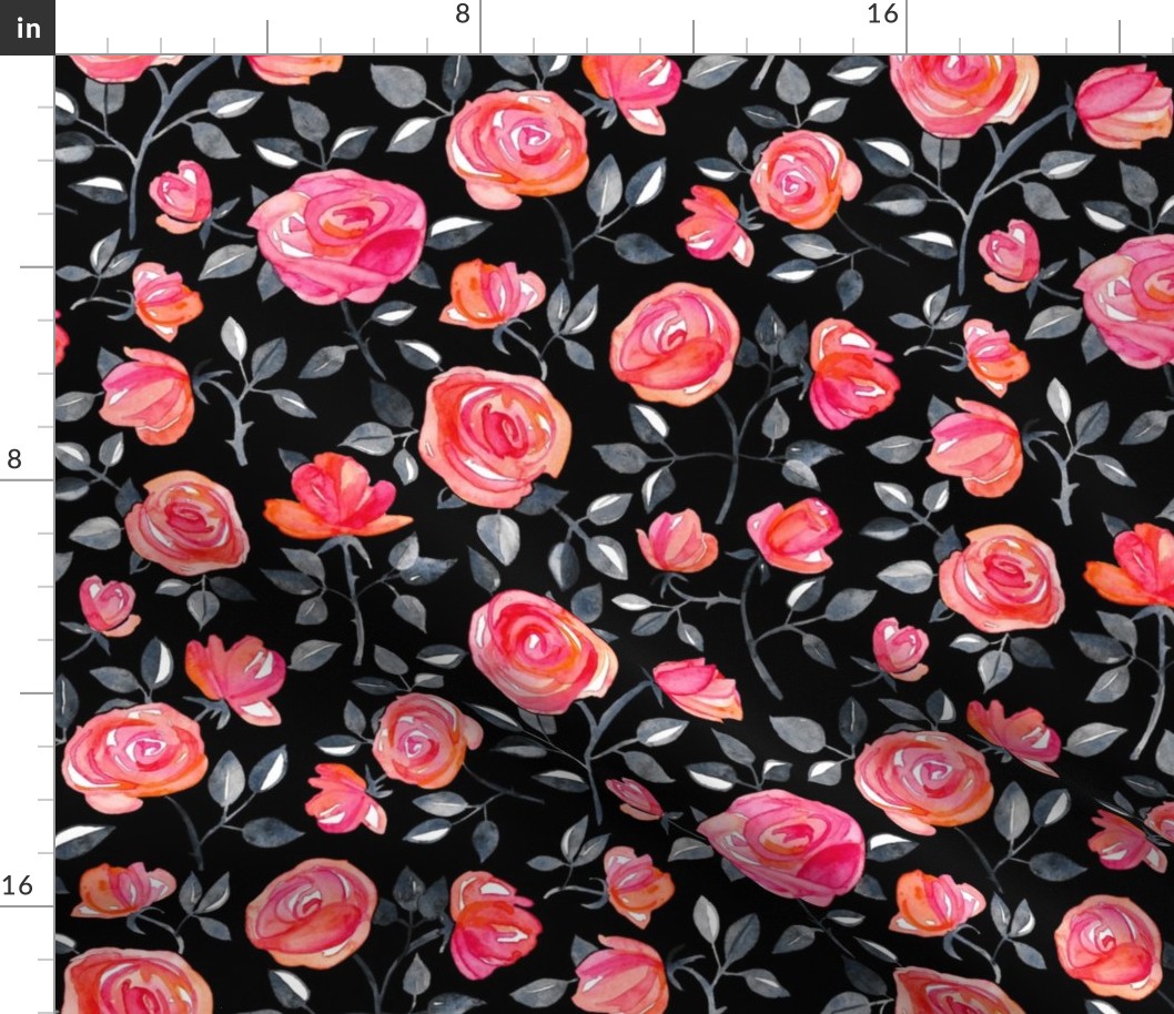 Roses on Black - a watercolor floral pattern - large