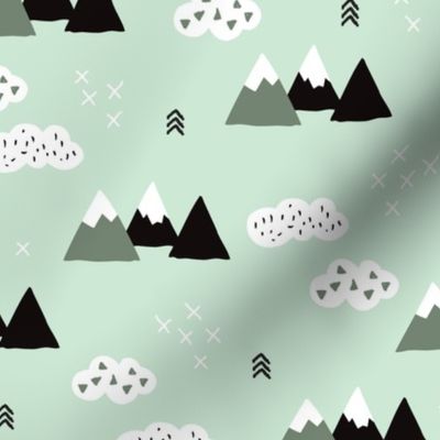 Girls fuji mountain geometric landscape with soft pastel colors and white mint clouds