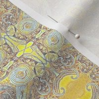 MRN1 - Small - Hand Drawn Abstract Morning Reverie Abstract with Birds, Nests and Coffee Cups in Golden Yellow and Grey
