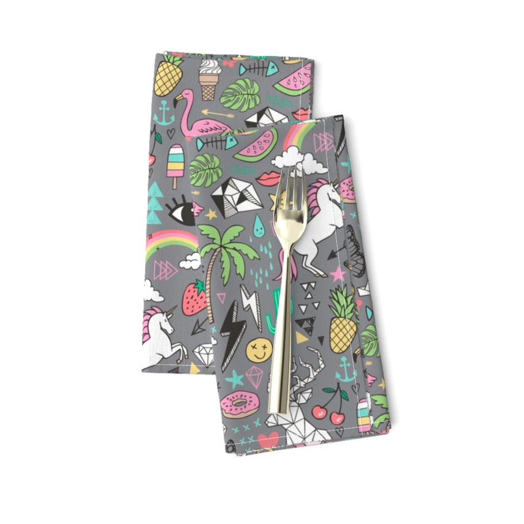 Summer Doodle Geometric Triangle Deer & Unicorn Rainbow Cactus Flamingo Pineapple on Grey