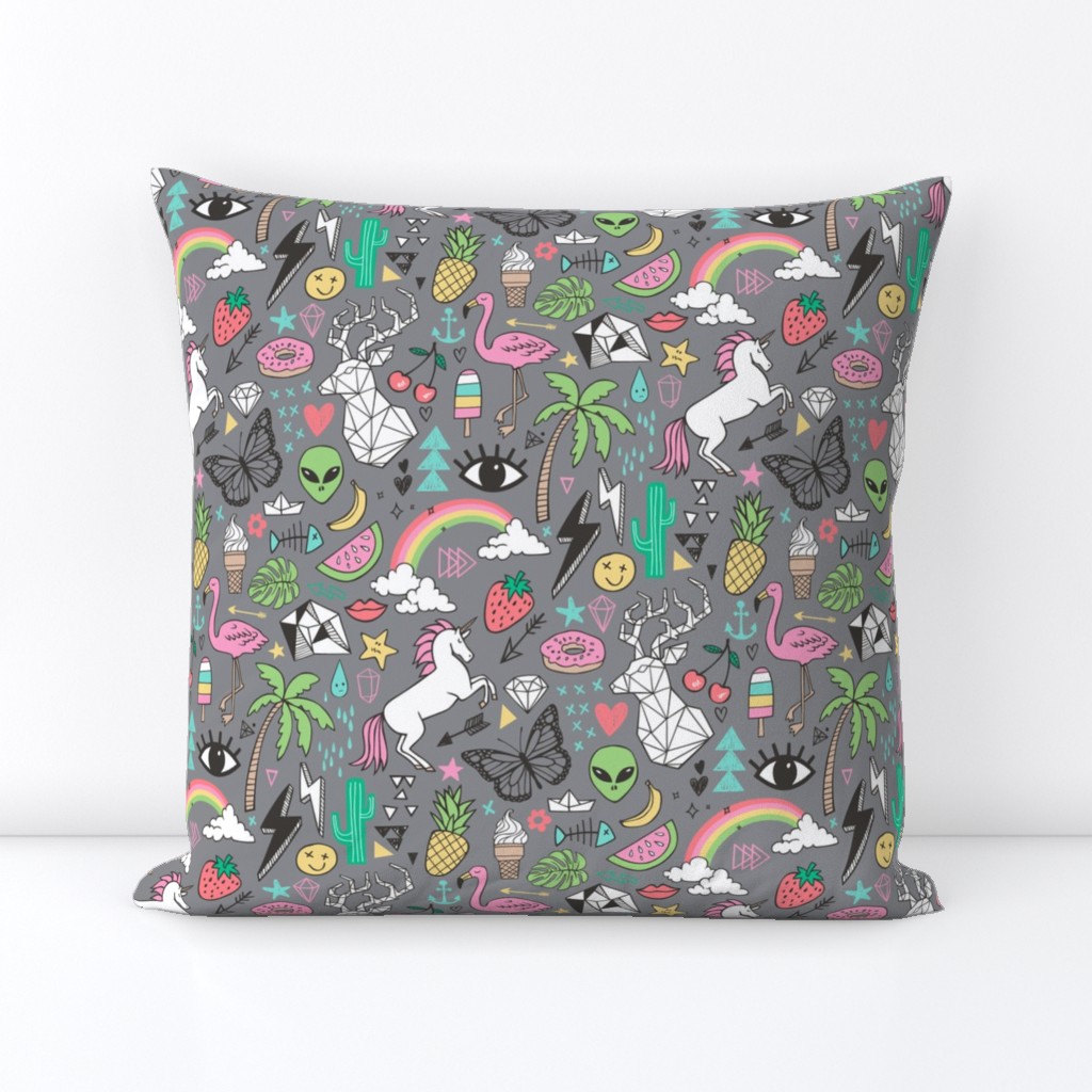 Summer Doodle Geometric Triangle Deer & Unicorn Rainbow Cactus Flamingo Pineapple on Grey