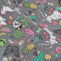 Summer Doodle Geometric Triangle Deer & Unicorn Rainbow Cactus Flamingo Pineapple on Grey