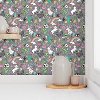 Summer Doodle Geometric Triangle Deer & Unicorn Rainbow Cactus Flamingo Pineapple on Grey