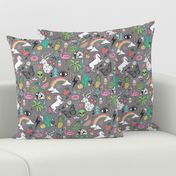 Summer Doodle Geometric Triangle Deer & Unicorn Rainbow Cactus Flamingo Pineapple on Grey