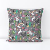 Summer Doodle Geometric Triangle Deer & Unicorn Rainbow Cactus Flamingo Pineapple on Grey