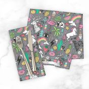 Summer Doodle Geometric Triangle Deer & Unicorn Rainbow Cactus Flamingo Pineapple on Grey