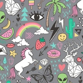 Summer Doodle Geometric Triangle Deer & Unicorn Rainbow Cactus Flamingo Pineapple on Grey