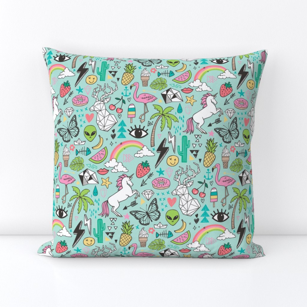 Summer Doodle Geometric Triangle Deer & Unicorn Rainbow Cactus Flamingo Pineapple on Mint Green