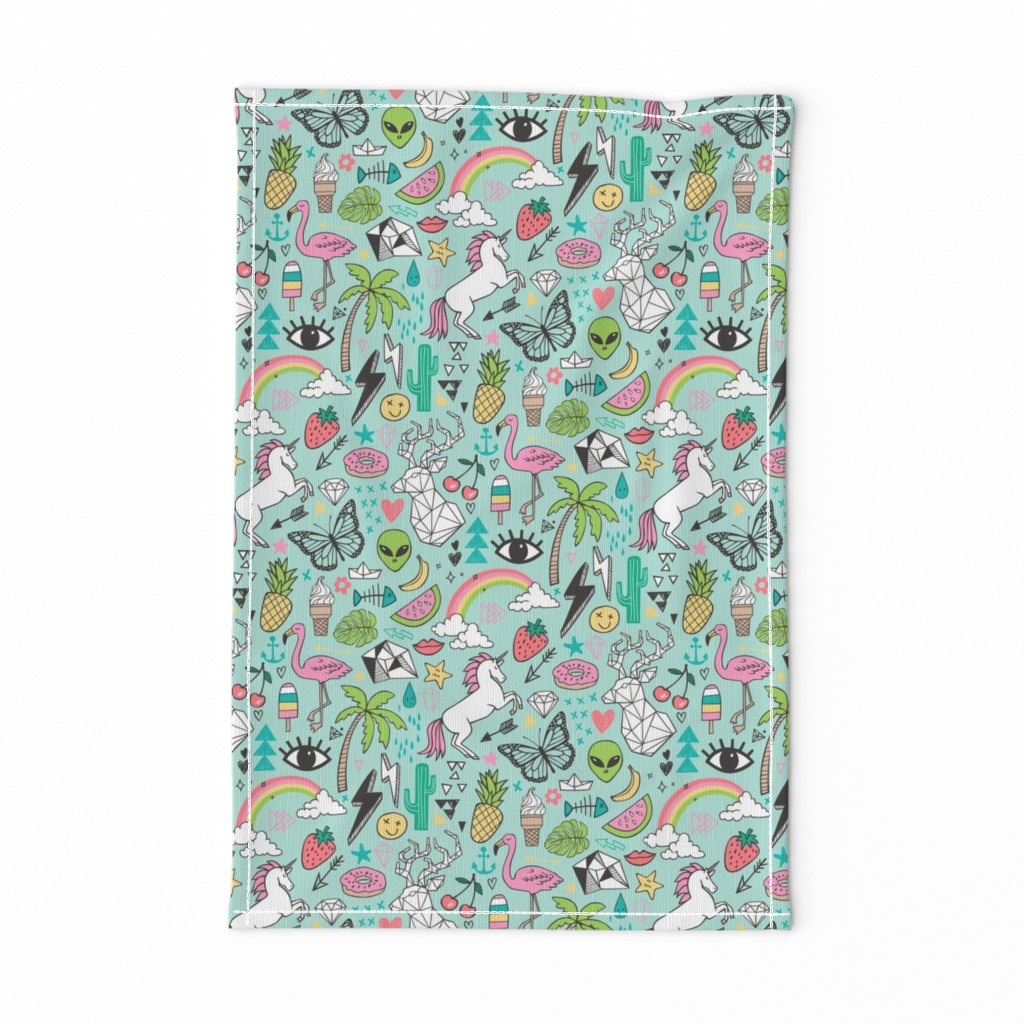 Summer Doodle Geometric Triangle Deer & Unicorn Rainbow Cactus Flamingo Pineapple on Mint Green