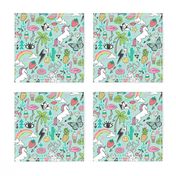 Summer Doodle Geometric Triangle Deer & Unicorn Rainbow Cactus Flamingo Pineapple on Mint Green