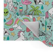 Summer Doodle Geometric Triangle Deer & Unicorn Rainbow Cactus Flamingo Pineapple on Mint Green