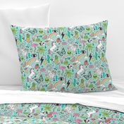 Summer Doodle Geometric Triangle Deer & Unicorn Rainbow Cactus Flamingo Pineapple on Mint Green