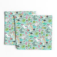 Summer Doodle Geometric Triangle Deer & Unicorn Rainbow Cactus Flamingo Pineapple on Mint Green