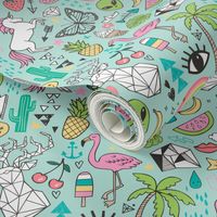 Summer Doodle Geometric Triangle Deer & Unicorn Rainbow Cactus Flamingo Pineapple on Mint Green