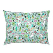 Summer Doodle Geometric Triangle Deer & Unicorn Rainbow Cactus Flamingo Pineapple on Mint Green