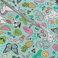 Summer Doodle Geometric Triangle Deer & Unicorn Rainbow Cactus Flamingo Pineapple on Mint Green