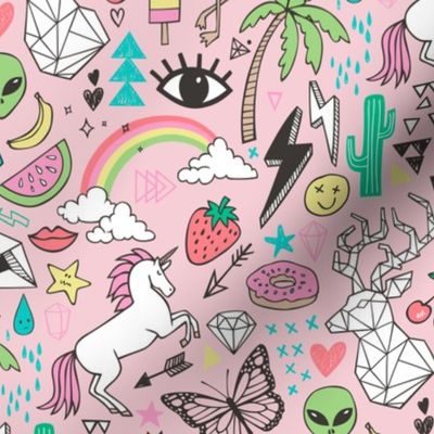 Summer Doodle Geometric Triangle Deer & Unicorn Rainbow Cactus Flamingo Pineapple on Pink