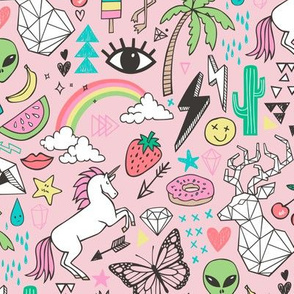 Summer Doodle Geometric Triangle Deer & Unicorn Rainbow Cactus Flamingo Pineapple on Pink