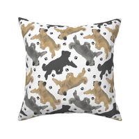 Trotting cropped Briards and paw prints - white