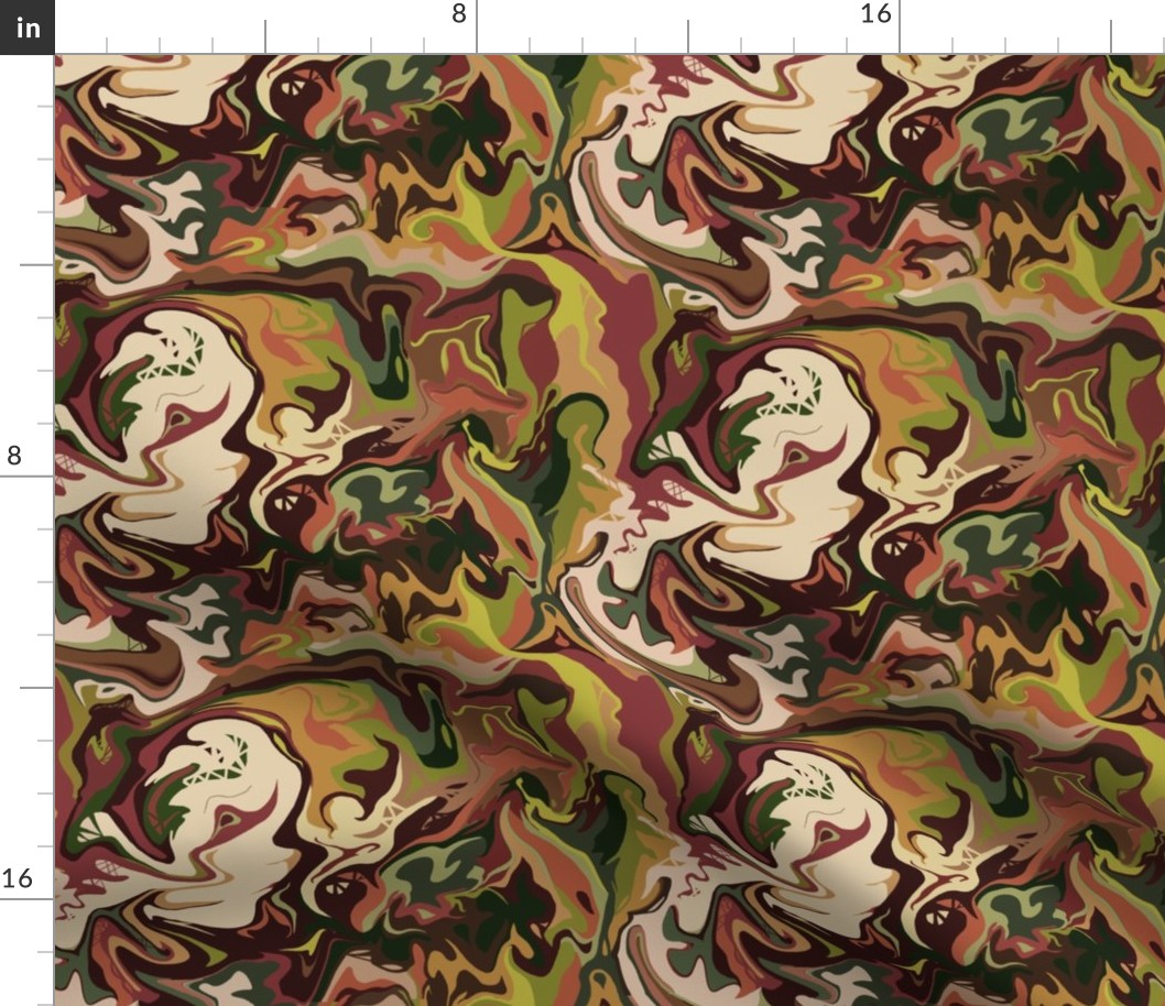 BN2 - MED -  Abstract Marbled Mystery Forest Green - Olive Green - Caramel Tan - Mauve - Burgundy Brown