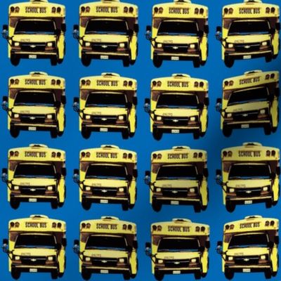 little yellow school bus on blue