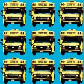 little yellow school bus on bright blue