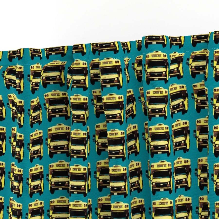 little yellow school bus on teal