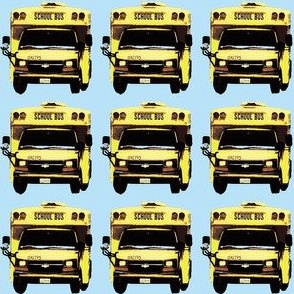 little yellow school bus on blue