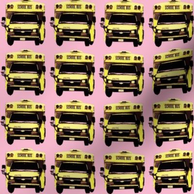 little yellow school bus on pink