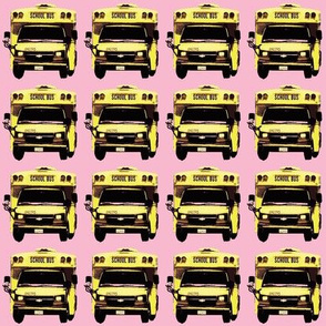 little yellow school bus on pink