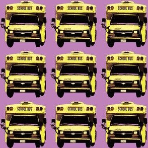 little yellow school bus on lavender