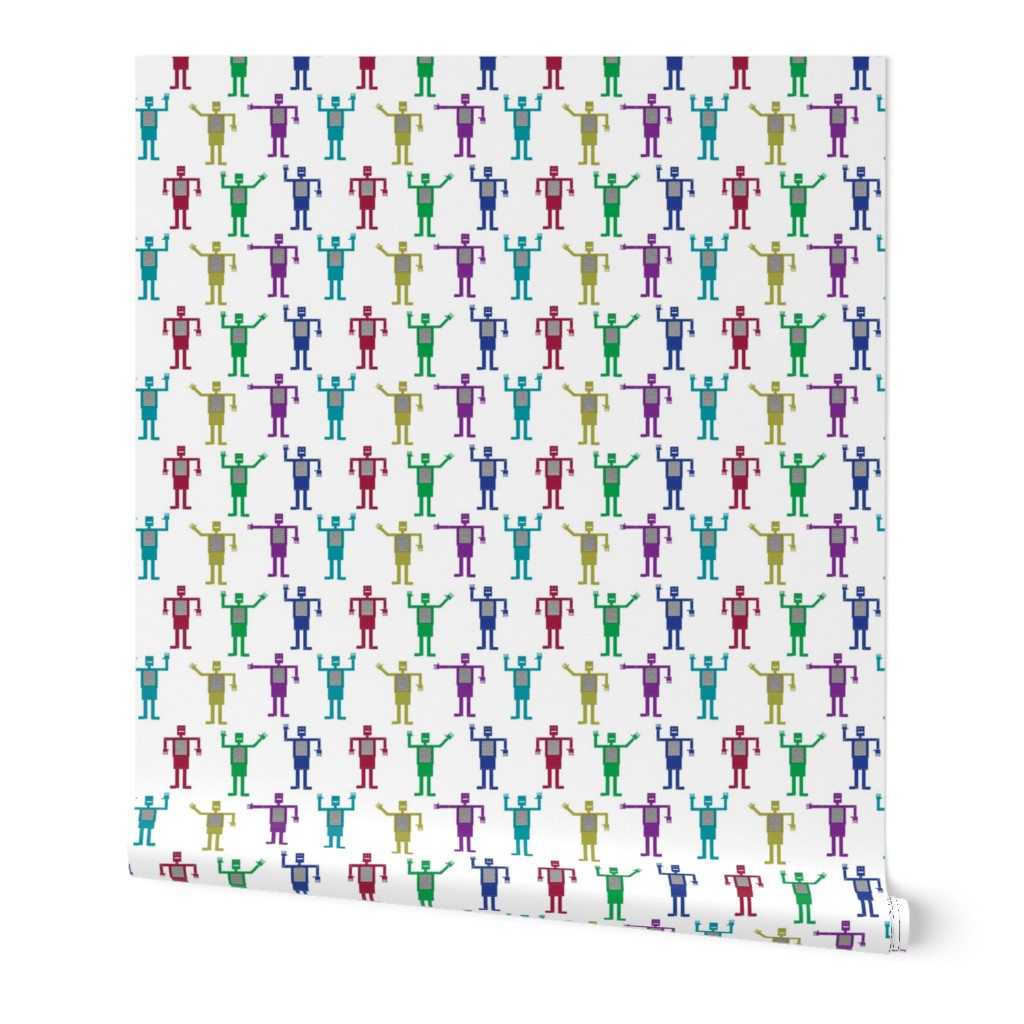 Friendly Robots waving illustrated purple, red, green, yellow, blue